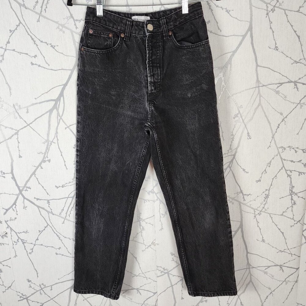 Zara Black Wash Rigid Denim High Rise Button Fly Straight Leg Jeans